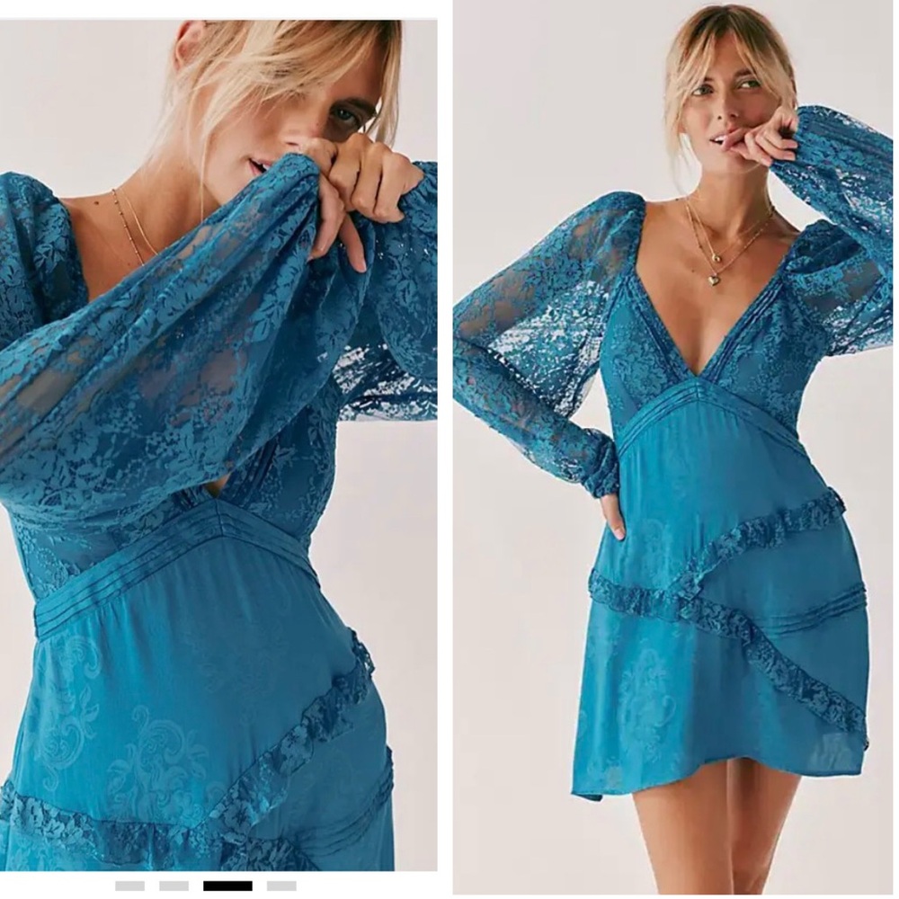 NWT FP x For Love & Lemons Gisela Mini Dress Free People Teal XS